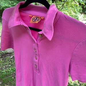 Tory Burch hot pink shirt. Gold faux brass Tory Burch logo buttons.